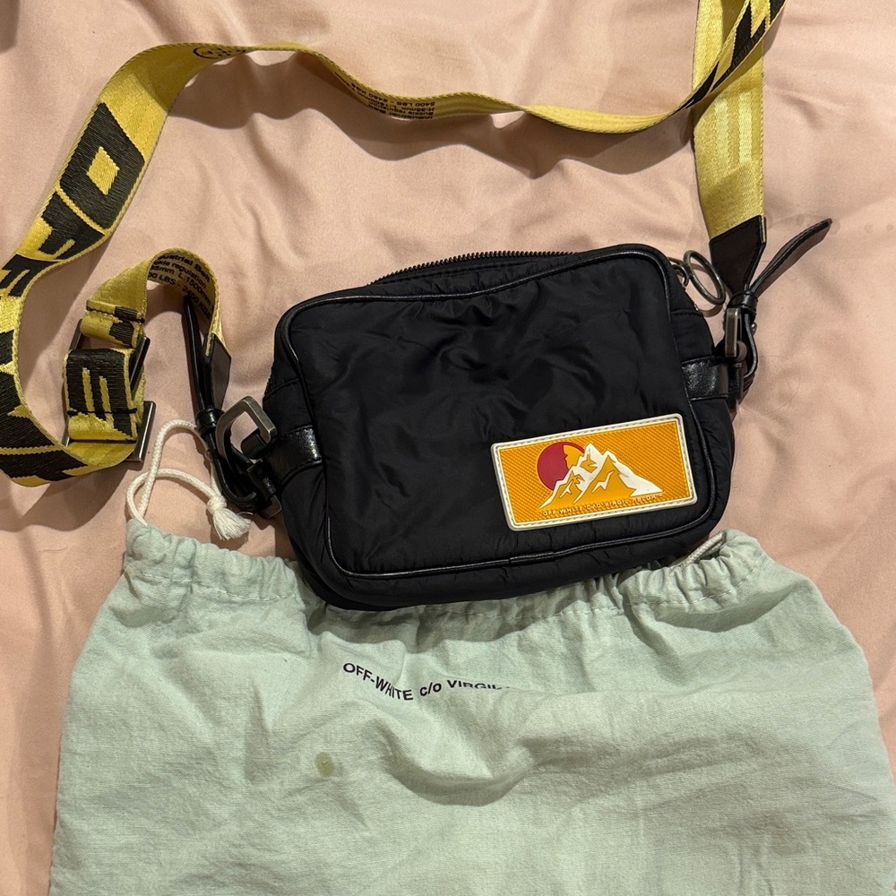 Off-White Black Crossbody with Yellow Logo Patch and Industrial Strap